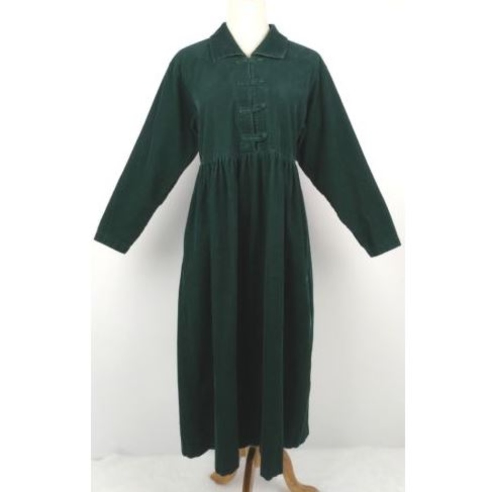 VTG 90s Forest Green Fine Cord Maxi Empire Dress 8
